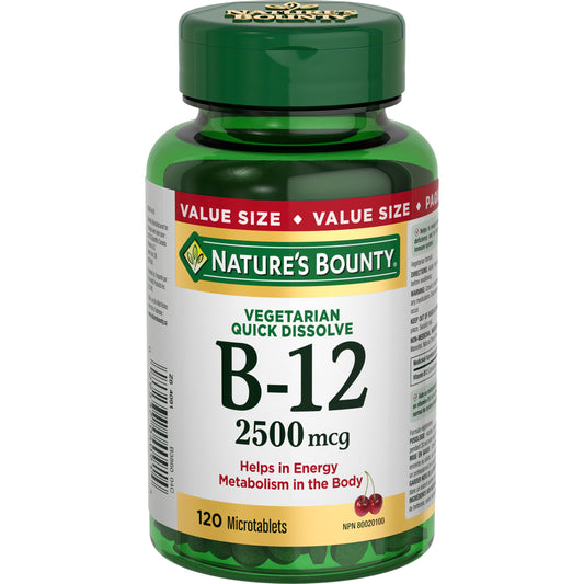 NATURE'S BOUNTY Vitamin B-12 Supplement, 2500 mcg, Quick Dissolve Tablets, Natural Cherry Flavour, Helps In Energy Metabolism, Essential In Normal Formation Of Blood Cells, 120 Tablets, 42 g - Available at All In One Marketplace Canada