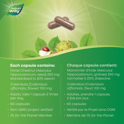 Nature's Way Horse Chestnut Supplement – Helps Treat Varicose Veins and Associated Symptoms – Digestive System Inflammation Relief – 100mg Calendula, 250mg Horse Chestnut – 90 Vegetarian Capsules - Available at All In One Marketplace Canada