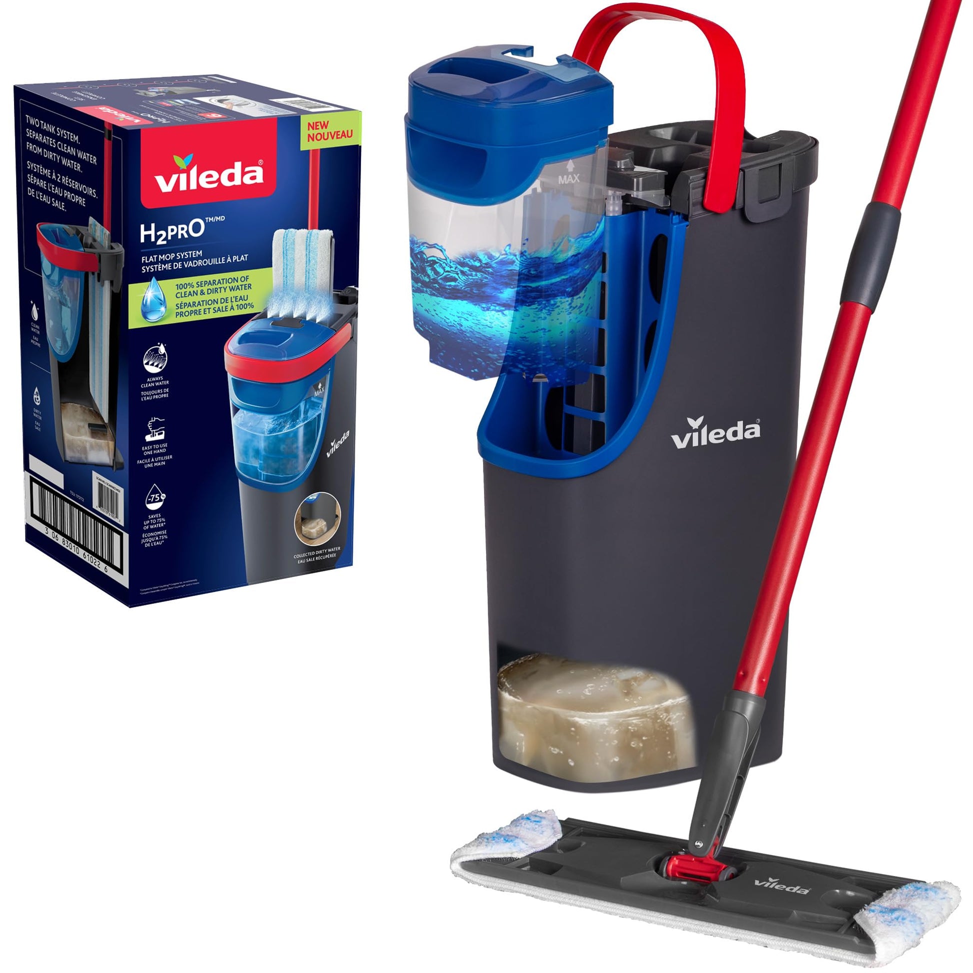 Vileda H2prO Flat Mop and Bucket Set | 100% Clean & Dirty Water Separation | Wall Mop, Baseboard Cleaning Tool | Machine Washable Reusable Microfiber Mop Head | Safe on All Floor Types