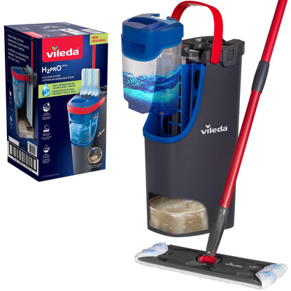 Vileda H2prO Flat Mop and Bucket Set | 100% Clean & Dirty Water Separation | Wall Mop, Baseboard Cleaning Tool | Machine Washable Reusable Microfiber Mop Head | Safe on All Floor Types