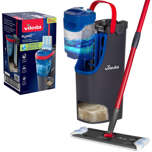 Vileda H2prO Flat Mop and Bucket Set | 100% Clean & Dirty Water Separation | Wall Mop, Baseboard Cleaning Tool | Machine Washable Reusable Microfiber Mop Head | Safe on All Floor Types