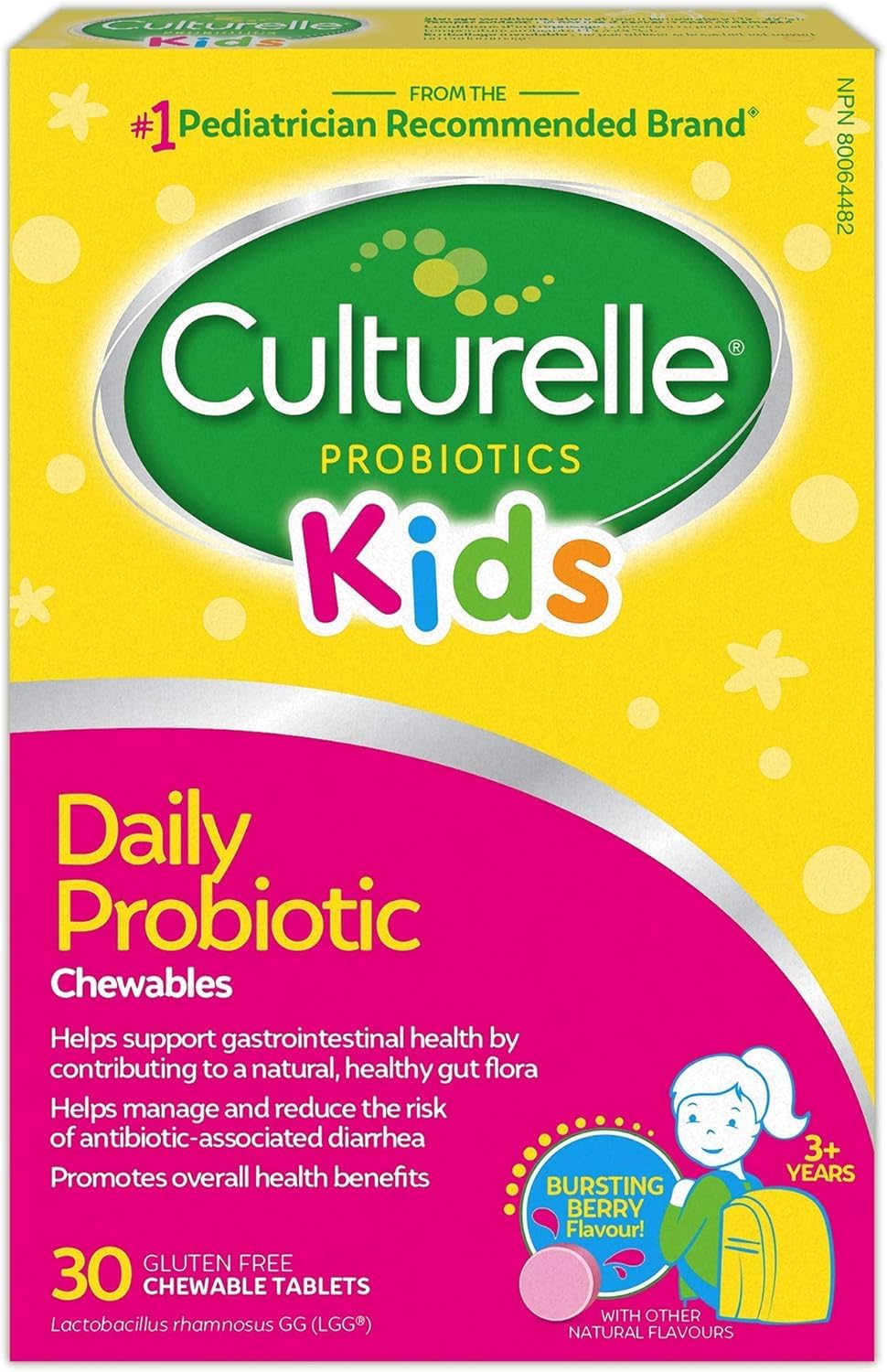 Culturelle Kids Daily Probiotic Chewable for Kids|With 100% Naturally Sourced Lactobacillus GG Strain|Most Clinically Studied Probiotic|Pediatrician Recommended|Berry Flavor|30 Count Chews - Available at All In One Marketplace Canada