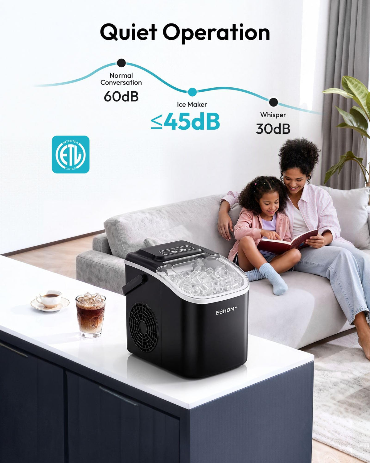 Euhomy Ice Making Machine, 26.5 lbs/24H Countertop Ice Maker with Self-Cleaning, 8 Bullet Ice Cubes Ready in 6 Mins, Compact Portable Ice Maker for Home, Kitchen, Office, Bar, Parties (Dark Black)