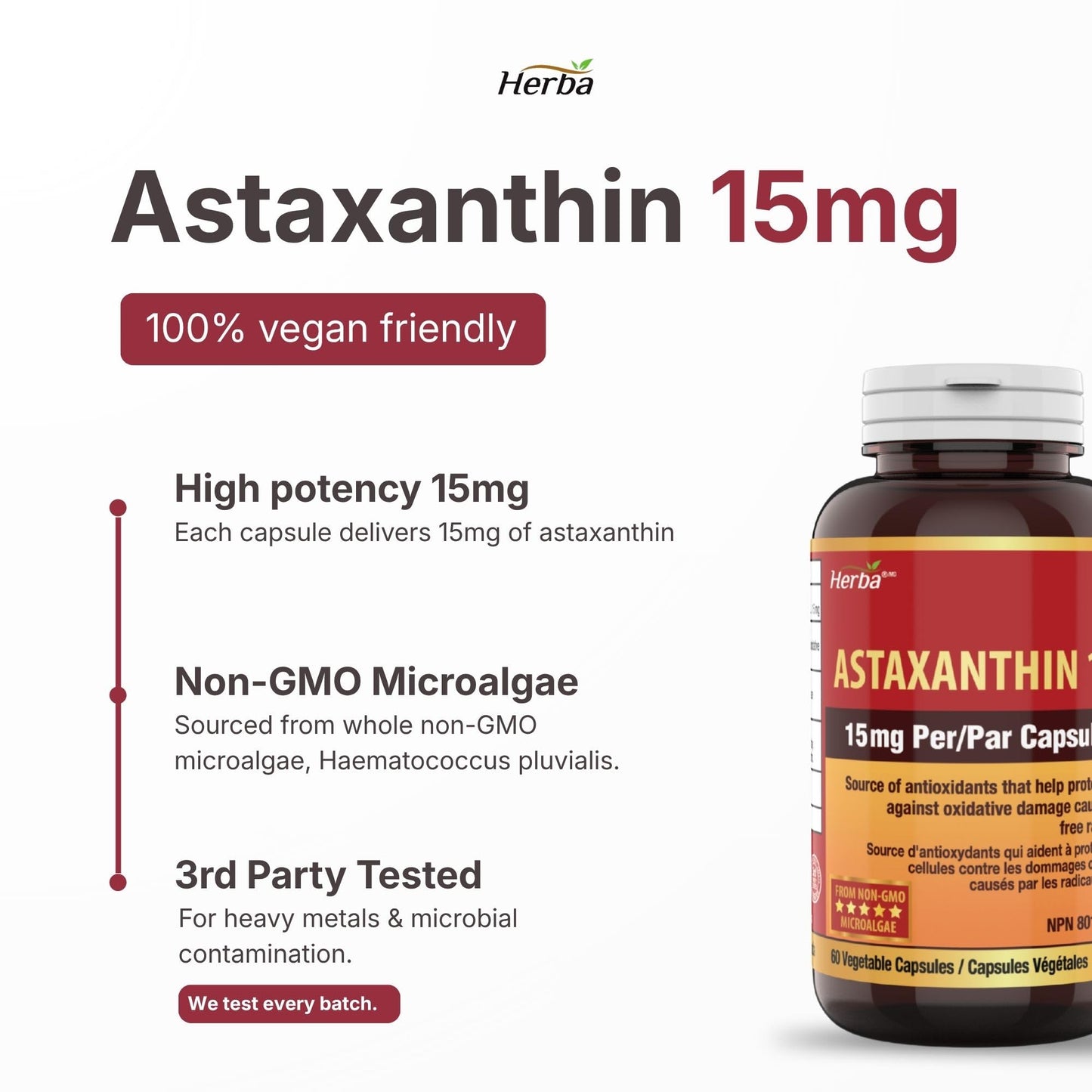 Herba Astaxanthin Supplement 15mg – 60 Vegan Capsules | Made with Non-GMO Micro-algae | Source of Antioxidant | Made and Third Party Tested in Canada - Available at All In One Marketplace Canada