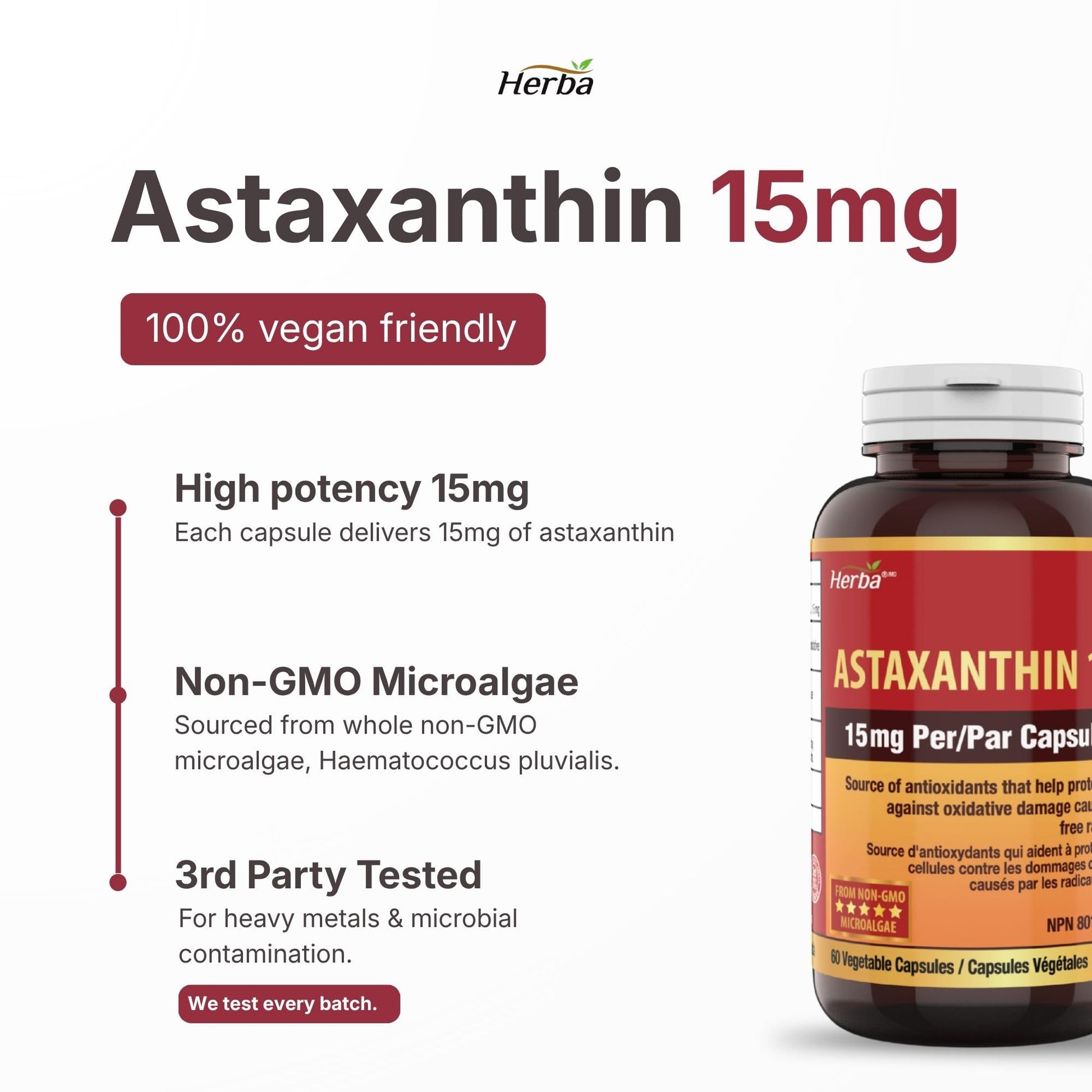 Herba Astaxanthin Supplement 15mg – 60 Vegan Capsules | Made with Non-GMO Micro-algae | Source of Antioxidant | Made and Third Party Tested in Canada - Available at All In One Marketplace Canada