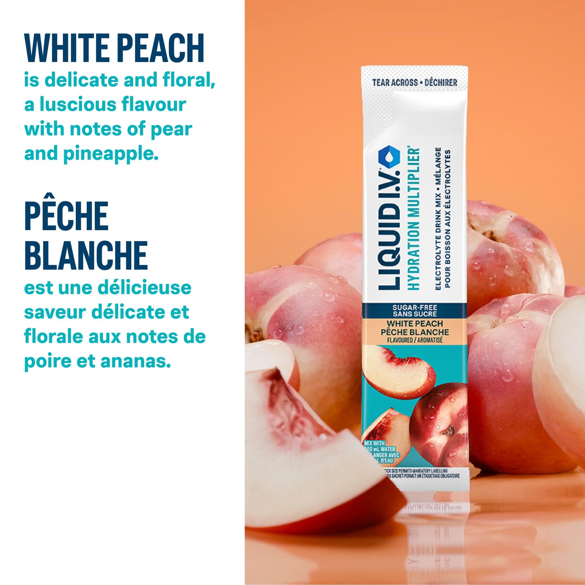 Liquid IV Sugar-Free Electrolyte Drink Mix for enhanced hydration, White Peach with Vitamins B3, B5, B12 and C 60g (18 sticks)