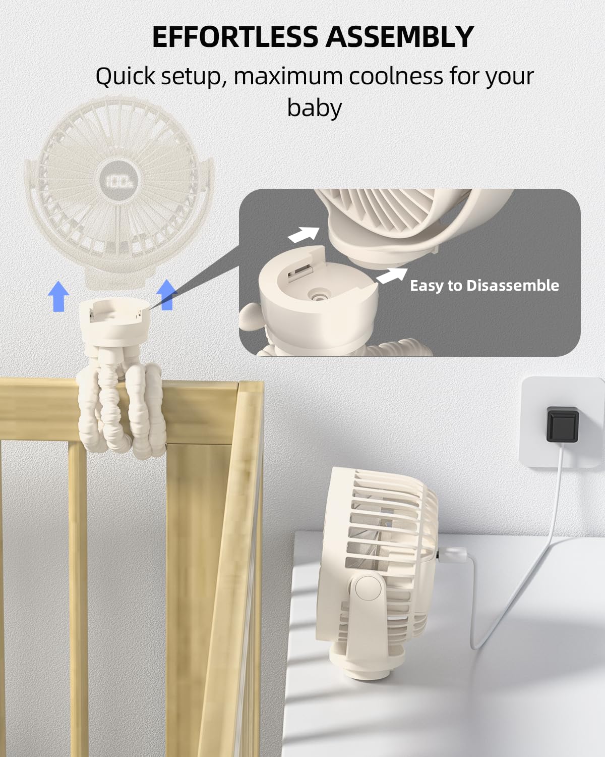Stroller Fan, Portable Fan, Battery Powered Baby Clip On Fans, 3 Speeds Personal Cooling Fan with Rotatable Handheld for Car Seat Crib Bike Treadmill, Beige-white