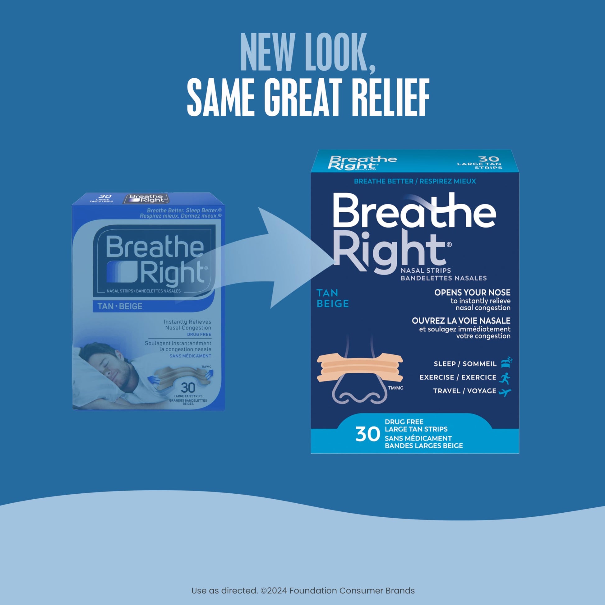 Breathe Right Nasal Strips, Original Large, Tan, Drug-Free Snoring Solution & Nasal Congestion Relief Caused by Colds & Allergies, Nightly Sleep, 30 Count - Available at All In One Marketplace Canada
