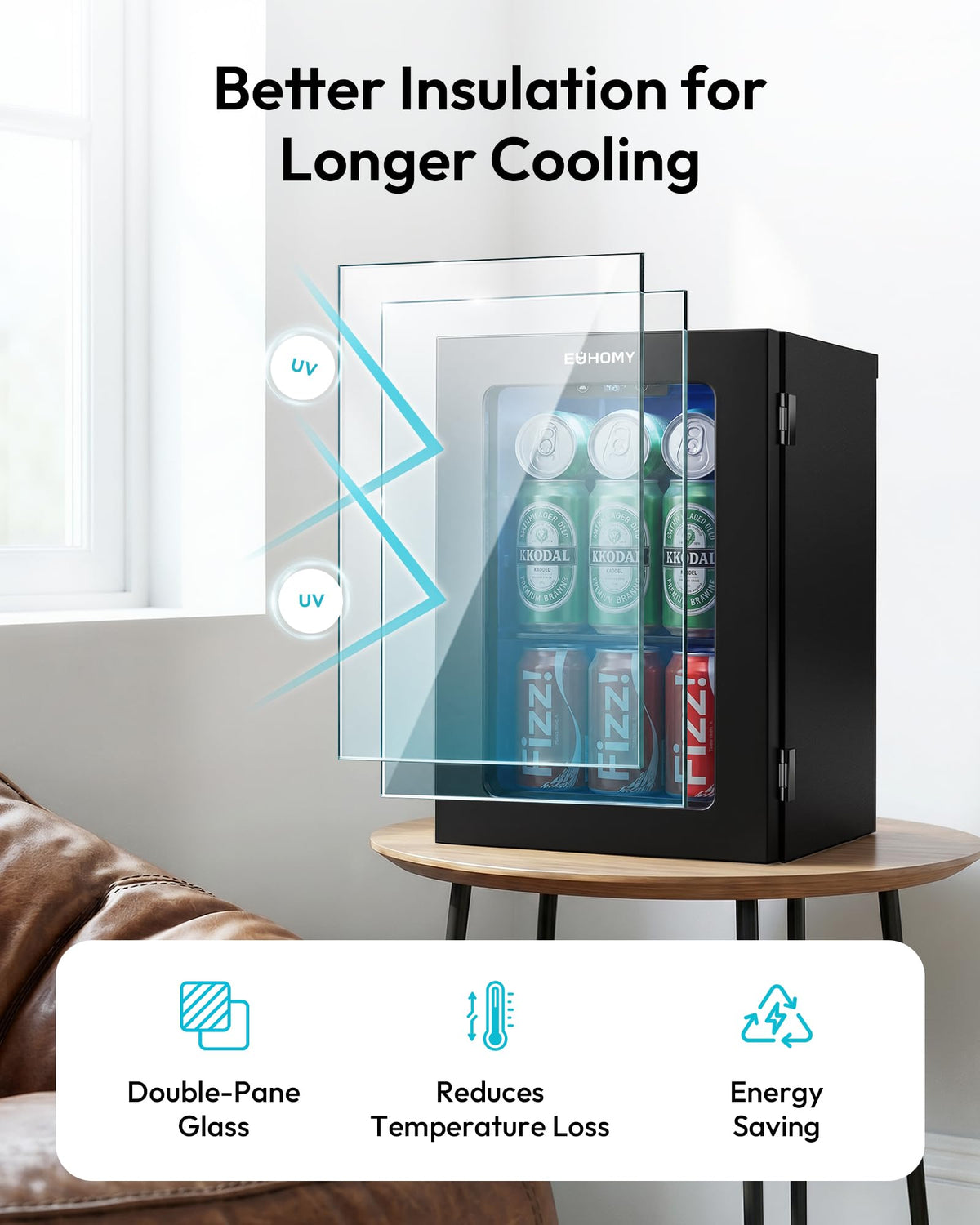 EUHOMY 18L Beverage Refrigerator Cooler, 24 Cans Mini Fridge with Quiet Compressor, Countertop Small Fridge with 40°F-61°F Digital Temperature Control, LED Lgiht for Home, Bar, Office