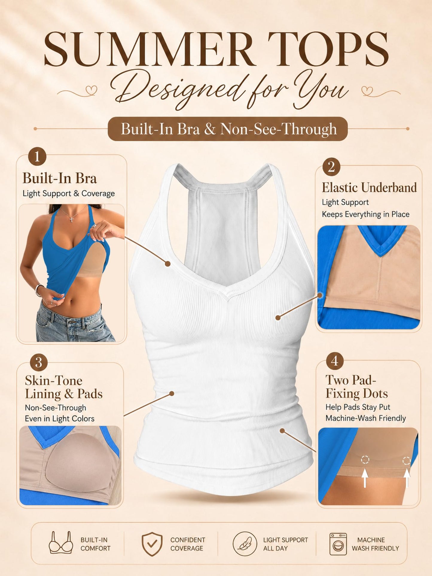 Danysu V Neck Cotton Tank Tops with Built-in Shelf Bra Sleeveless Racerback Fitted Basic Cami Shirts Bright White S