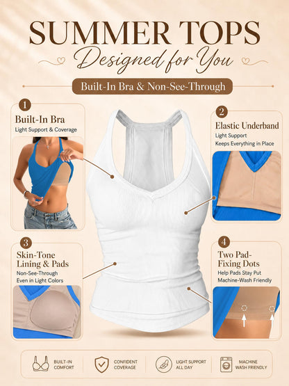 Danysu V Neck Cotton Tank Tops with Built-in Shelf Bra Sleeveless Racerback Fitted Basic Cami Shirts Bright White S