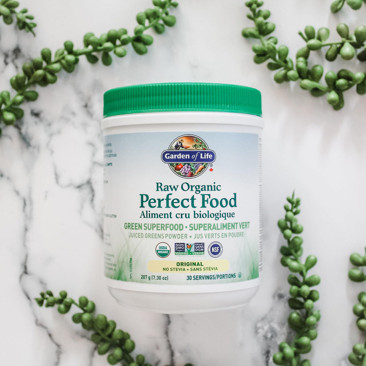 Garden of Life Raw Organic Perfect Food Green Superfood Original 207 gram."Raw Organic Perfect Food is packed with 40 nutrient-dense ingredients, including freshly harvested greens that are low-temperature dried to lock in nutrition, along with sprouts, f