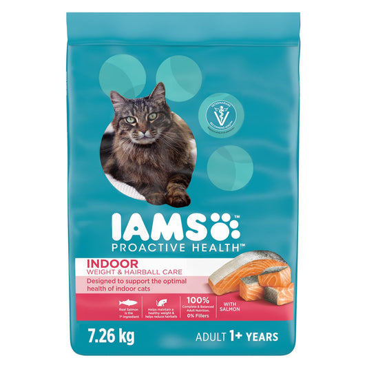 IAMS PROACTIVE HEALTH Indoor Weight & Hairball Care Adult Dry Cat Food – Salmon – 7.26KG (16LB) Bag - Available at All In One Marketplace Canada