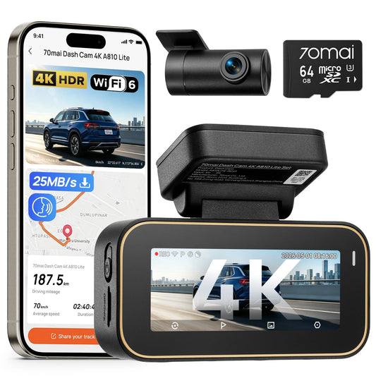 70mai A810 Lite 4K Dash Cam Front and Rear, 5GHz WiFi 6 DashCam, Car Camera with GPS Tracking, HDR Night Vision, 24H Parking Mode, Voice Control, Emergency Lock, Loop Recording, Support 512GB Max