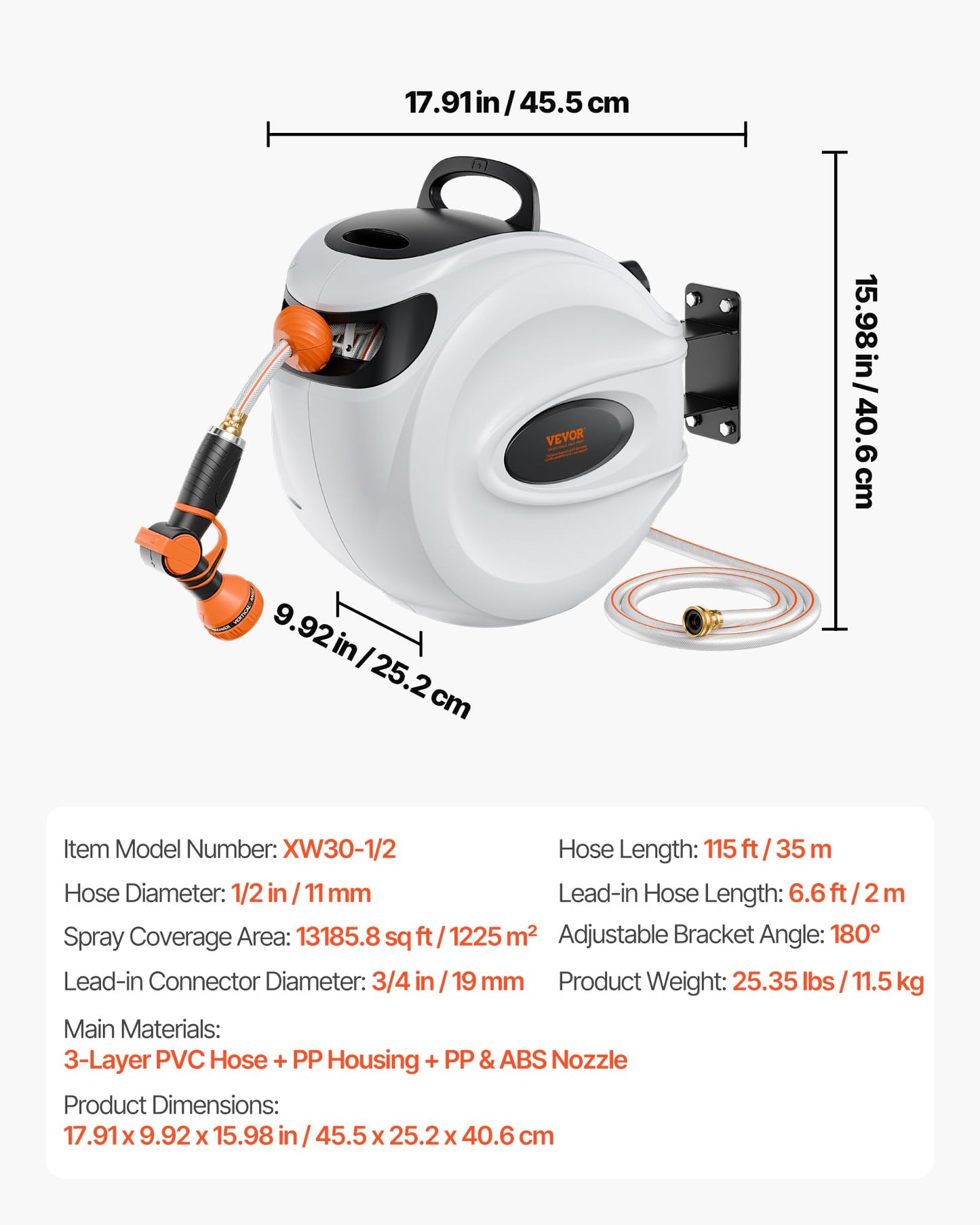 VEVOR Retractable Hose Reel, 115 ft x 1/2 inch, 180° Swivel Bracket Wall-Mounted, Garden Water Hose Reel with 9-Pattern Nozzle, Automatic Rewind, Lock at Any Length, and Slow Return System VEVOR