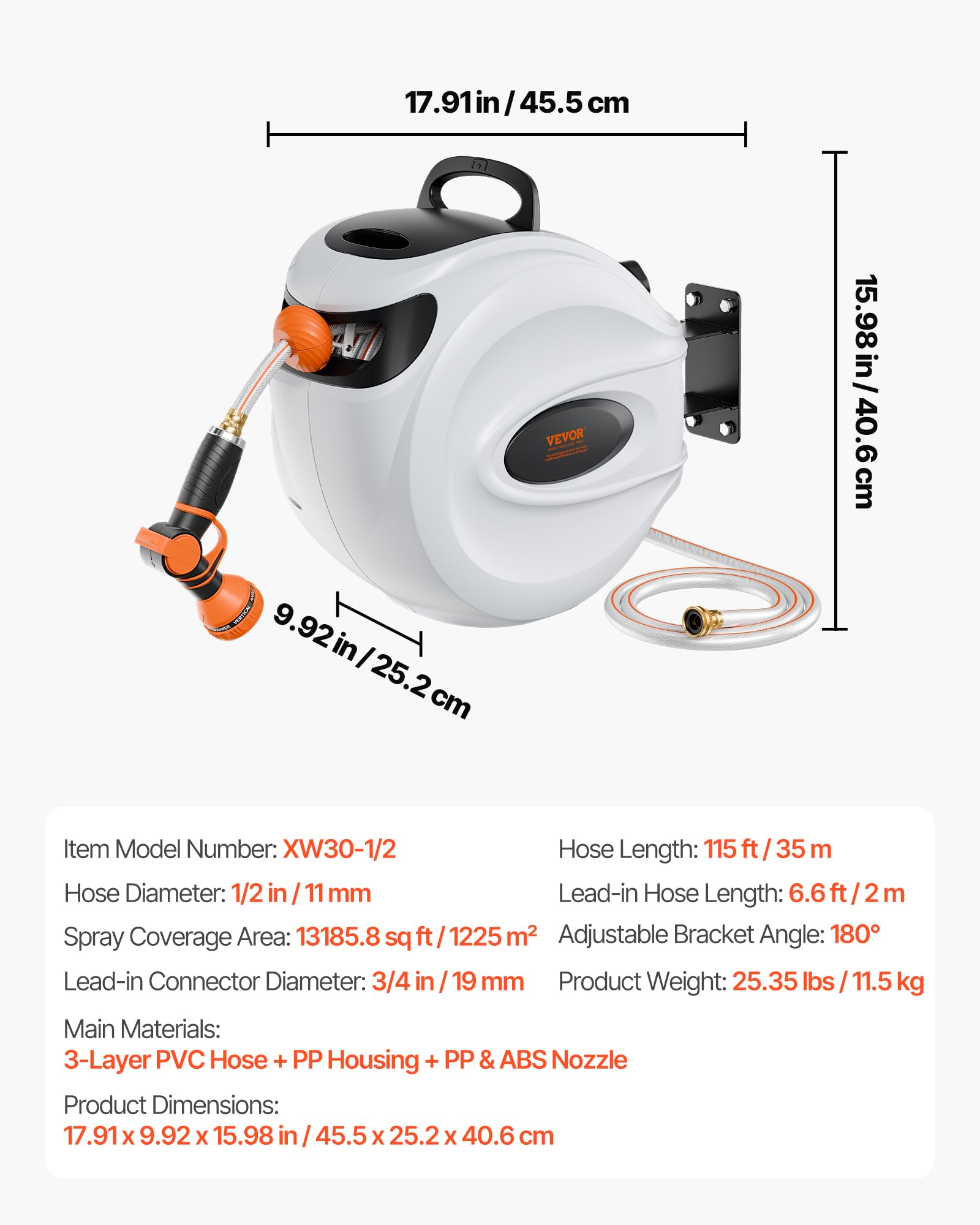 VEVOR Retractable Hose Reel, 115 ft x 1/2 inch, 180° Swivel Bracket Wall-Mounted, Garden Water Hose Reel with 9-Pattern Nozzle, Automatic Rewind, Lock at Any Length, and Slow Return System VEVOR