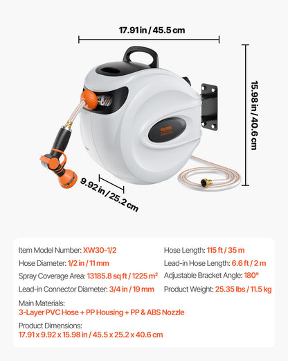VEVOR Retractable Hose Reel, 115 ft x 1/2 inch, 180° Swivel Bracket Wall-Mounted, Garden Water Hose Reel with 9-Pattern Nozzle, Automatic Rewind, Lock at Any Length, and Slow Return System VEVOR