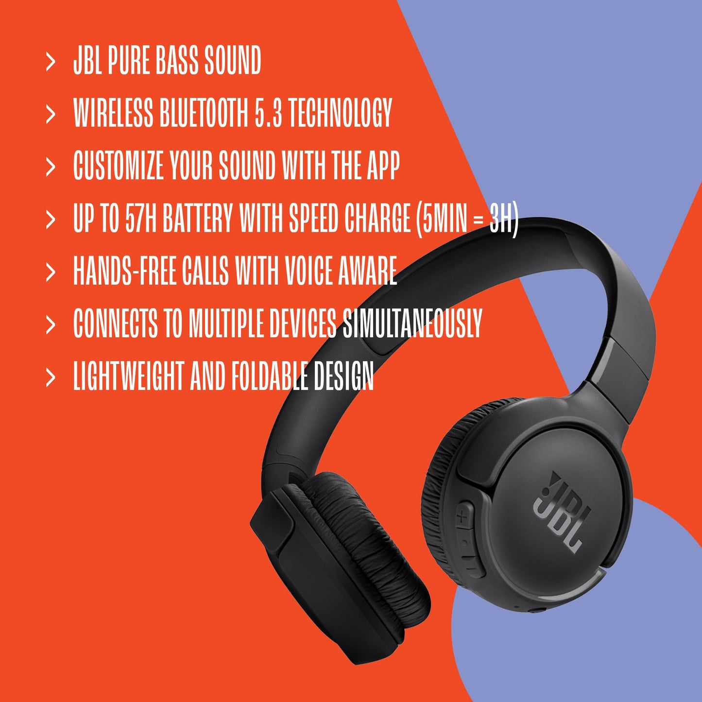 Casque supra-auriculaire sans fil JBL Tune 520BT – Jusqu'à 57h d'autonomie et charge rapide, léger, confortable et pliable, appels mains-libres avec Voice Aware (blanc)