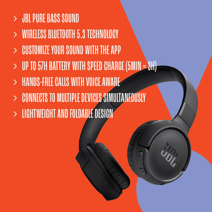 Casque supra-auriculaire sans fil JBL Tune 520BT – Jusqu'à 57h d'autonomie et charge rapide, léger, confortable et pliable, appels mains-libres avec Voice Aware (blanc)