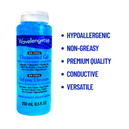 Wavelength® MP Multi-Purpose Ultrasound Gel. Hypoallergenic, Non-Greasy, Premium-Quality. For Ultrasound, Physiotherapy, Cavitation & Aesthetic Devices. Made in Canada. Transmission Gel. 250ml Bottles. (Blue 250ml x 2)