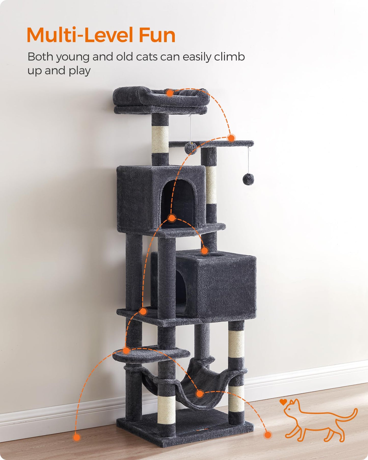 Feandrea Cat Tree Tower, 155 cm Multi-Level Cat Condo with 5 Scratching Posts, 2 Perches, 2 Caves, Hammock, 2 Pompoms, Smoky Gray UPCT192G01
