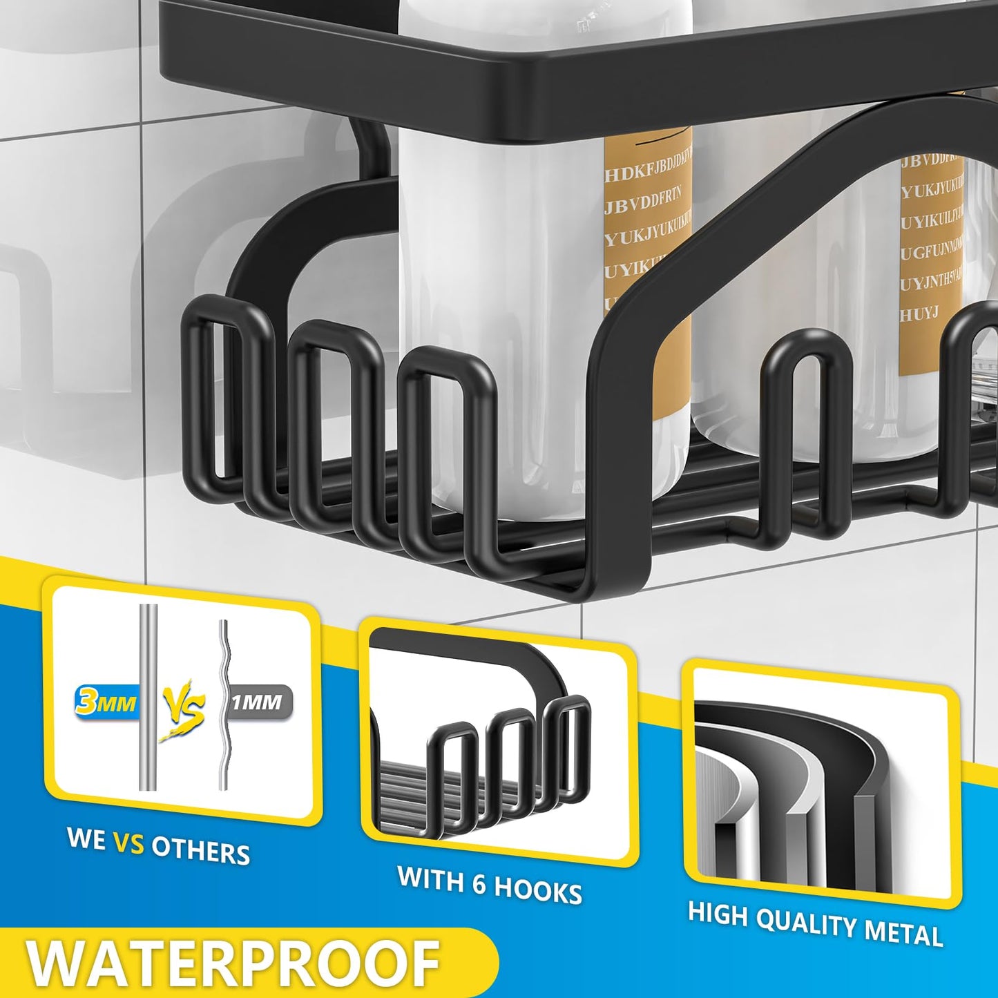 Coraje Adhesive Shower Caddy, 5-Pack Shower Shelves, Large Capacity Load Bearing 40 LBS Shower Organizer, No Drilling Shower Shelf, Rustproof Stainless Steel Bathroom Shower Storage, Black - Available at All In One Marketplace Canada