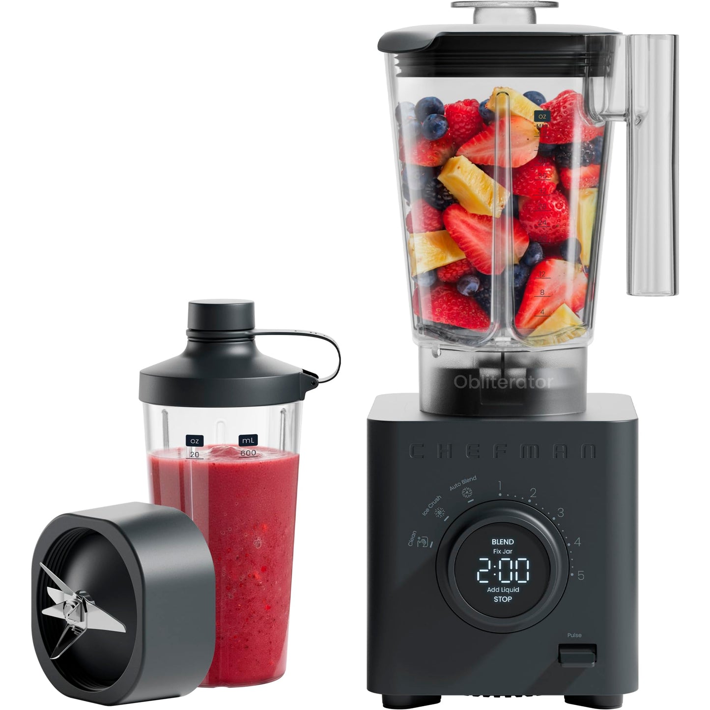 Chefman Obliterator 48 oz Countertop Blender for Smoothies, 1380W Motor to Crush Ice, Nuts, and Frozen Fruit with Stainless Steel Blade, Auto Blend Function, Includes 20 oz Travel Jar - Midnight 🍁 All In One Marketplace Canada Chefman