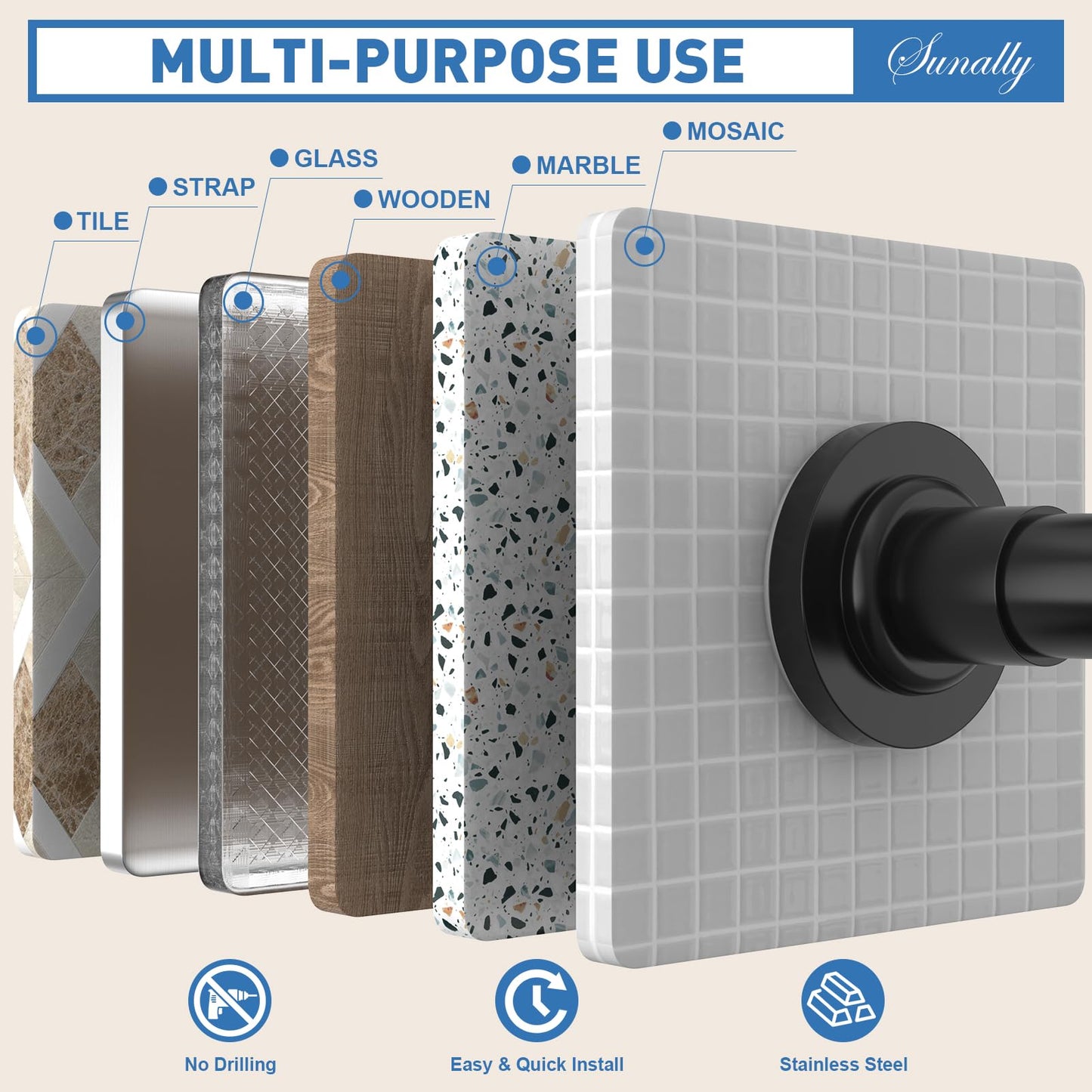 SUNALLY Shower Curtain Rod Adjustable 32-75 Inch, Spring Tension Shower Pole Rods Extendable Stainless Steel Telescoping Curtain Rod for Bathroom Windows Closet, No Drilling, No Slip, No Rust, Black - Available at All In One Marketplace Canada