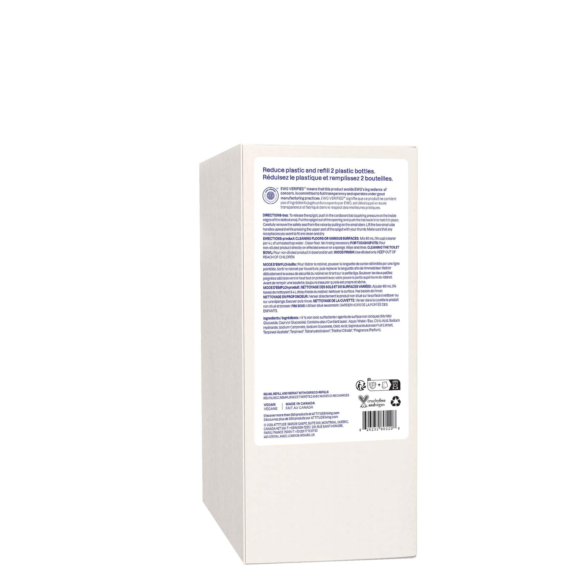 ATTITUDE Floor Cleaner Refill, EWG Verified, Streak-Free, Vegan & Plant-Based for Tile, Wood & Laminate Floors, Made in Canada, Citrus Zest Scent, 2 Liters - Available at All In One Marketplace Canada