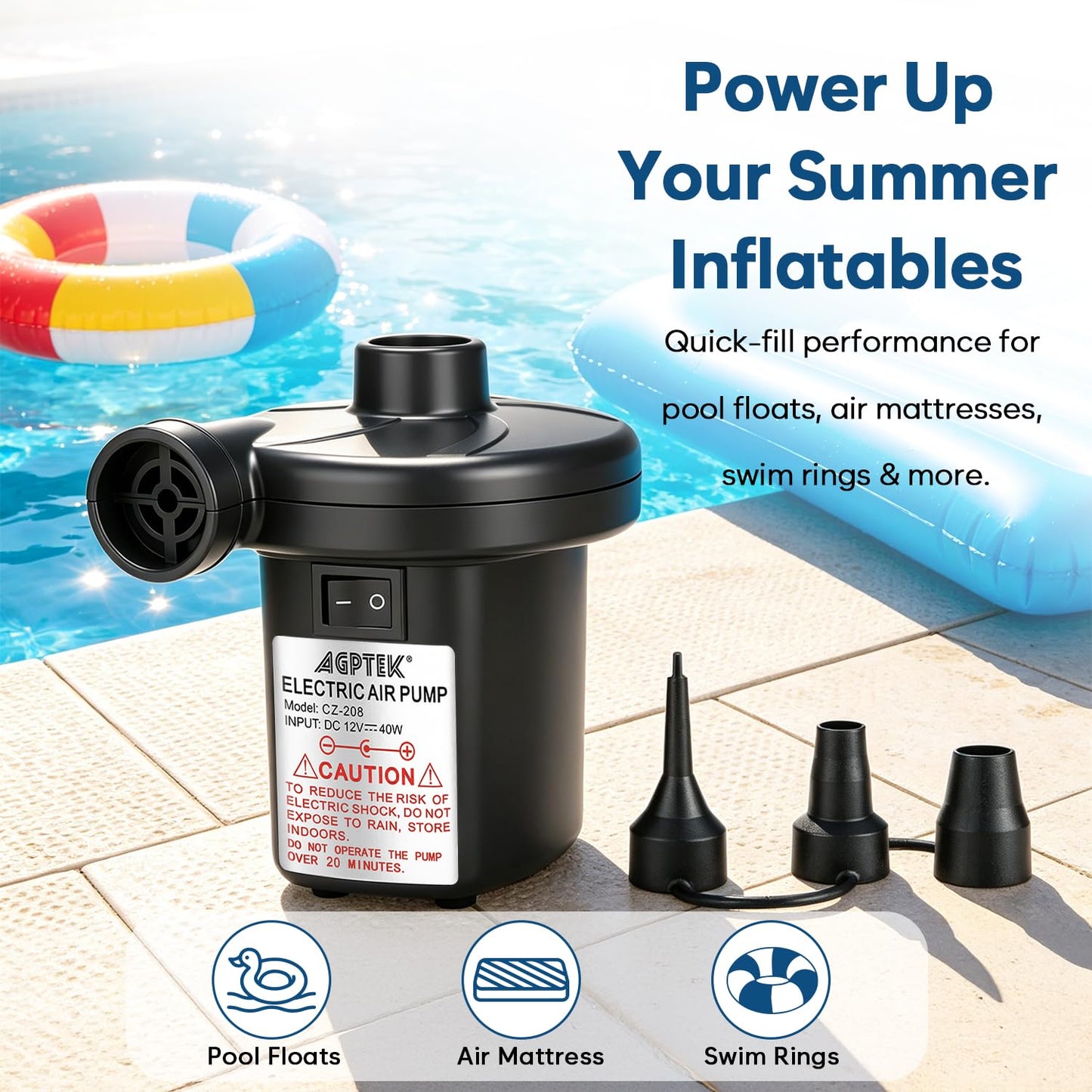 Electric Air Pump, AGPtEK Portable Quick-Fill Air Pump with 3 Nozzles, 4500 Pa 110V AC/12V DC, Perfect Inflator/Deflator Pumps for Outdoor Camping, Inflatable Cushions, Air Mattress Bed, Swimming Ring
