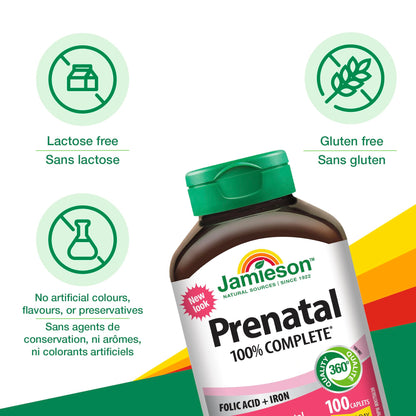 Jamieson Prenatal 100% Complete Multivitamin with Folic Acid and Iron, 100 Caplets. Formulated for Prenatal and Postnatal, and While Breastfeeding, Prevents Neural Tube Defects, One Per Day - Available at All In One Marketplace Canada
