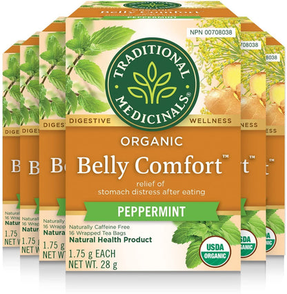 Traditional Medicinals - Organic Belly Comfort Peppermint Herbal Tea (Pack of 6) - Contains Ginger, Fennel and Lemon Balm for Digestive Support - 96 Tea Bags Total 🍁 All In One Marketplace Canada