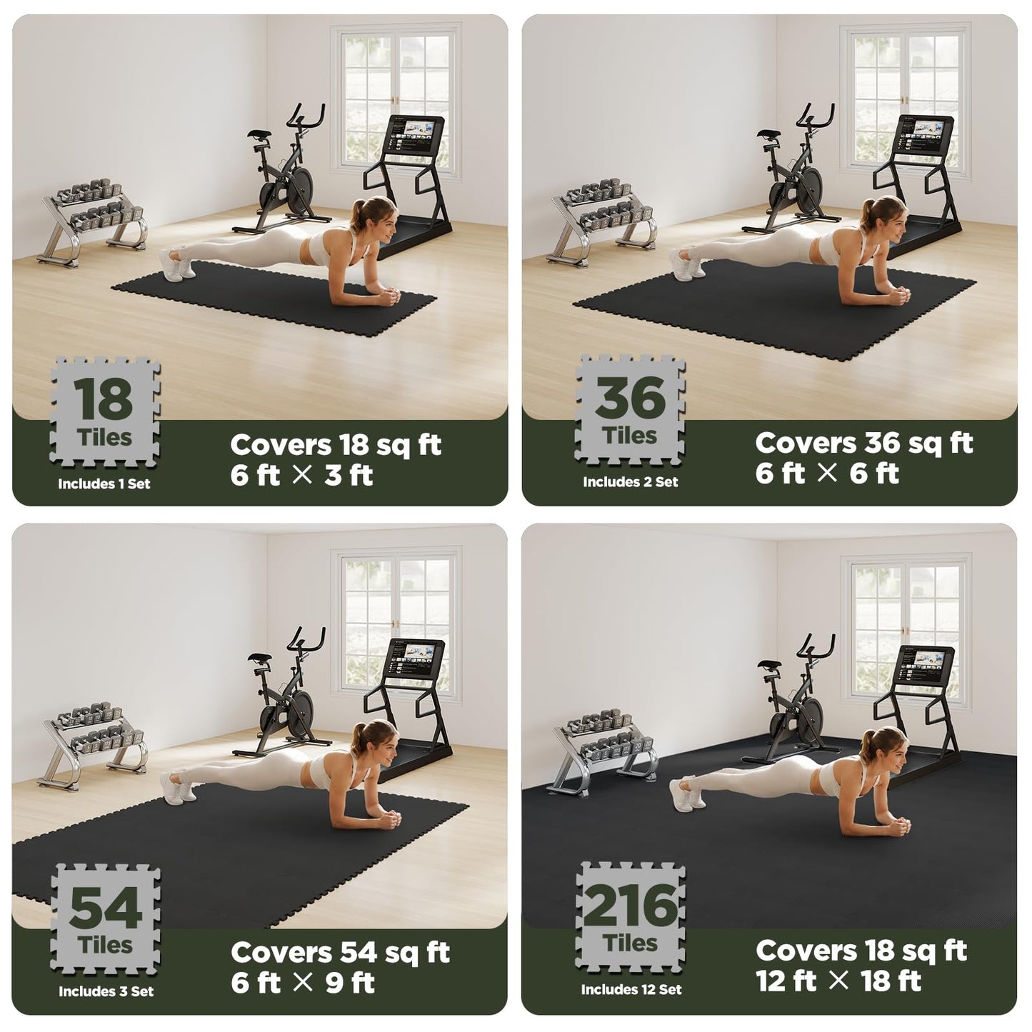 AIRHOP 12x12In Thick 18 Tiles Gym Floor Mat, High-Density EVA Foam Puzzle Gym Mat, Interlocking Foam Floor Tiles for Home Gym Exercise Equipment, Play Workout Garage Kitchen Flooring