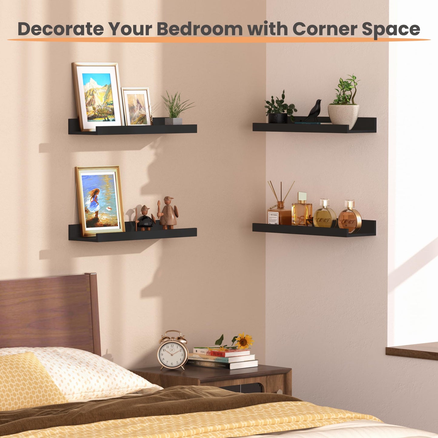 upsimples Floating Shelves for Wall, Decor Storage Set of 6, Wall Mounted Wood Shelves for Bedroom, Living Room, Bathroom, Kitchen, Picture Ledge Shelves, Black