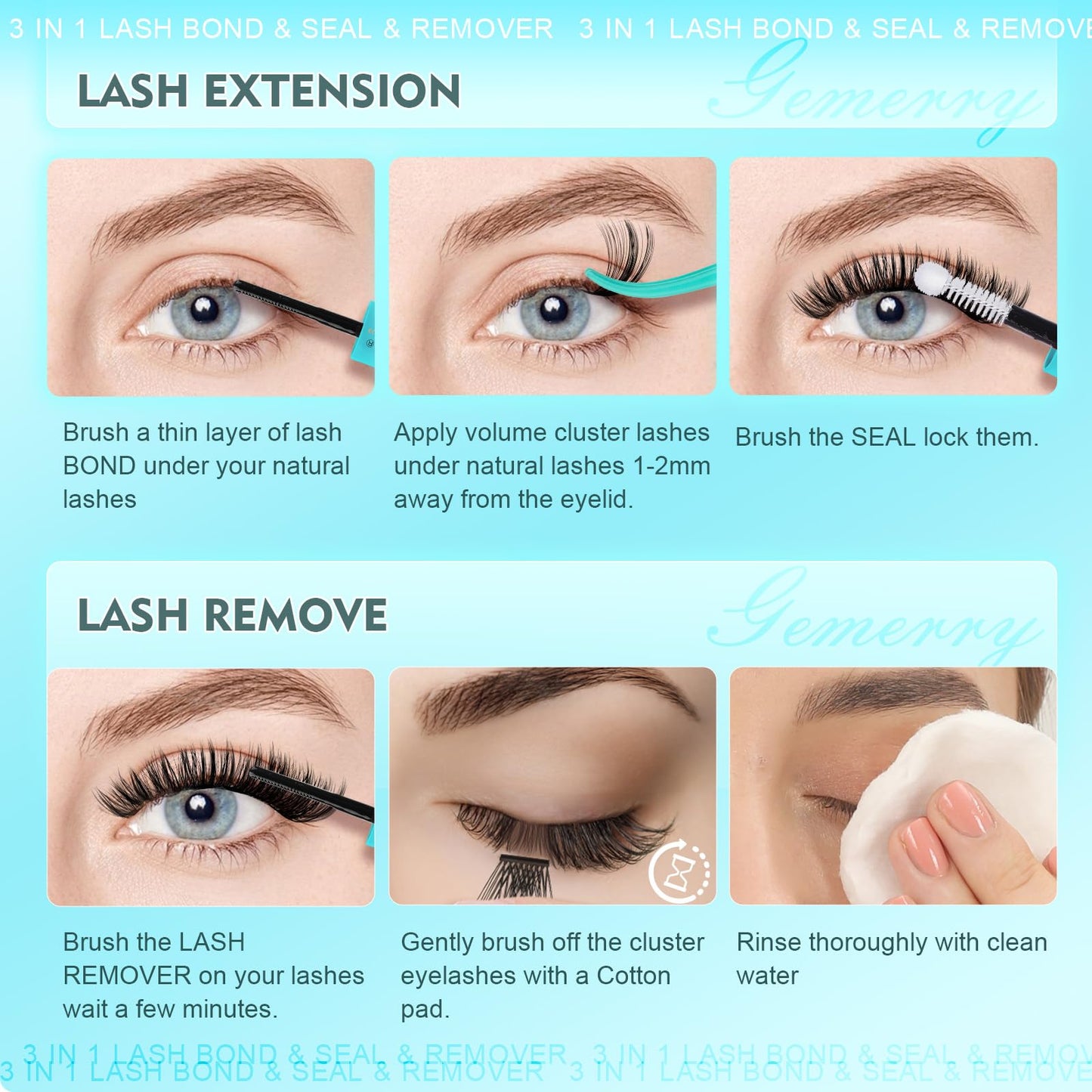 GEMERRY 3-IN-1 Lash Glue Lash Bond and Seal and Remover Clusters Lashes Glue Black Cluster Eyelash Glue Waterproof Long Lasting DIY Eyelash Extension at Home Latex-Free 9ML - Available at All In One Marketplace Canada