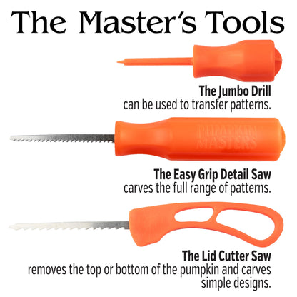 Kit de sculpture tout-en-un premium Pumpkin Masters – Kit complet de sculpture de citrouille d'Halloween avec grands outils à manche et nouveaux motifs