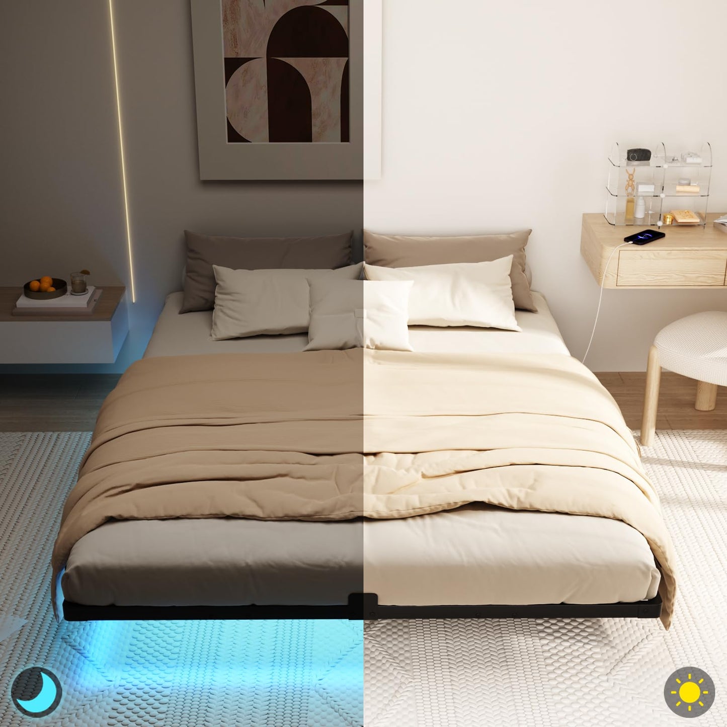 LOAKEKEL Queen Bed Frame, with USB Charging Station, Floating Bed Frame Queen Size with Smart LED Lights, Metal Platform Bed, Heavy Duty Steel Slat, No Box Spring Needed, Easy Assembly, HBF150BK - Available at All In One Marketplace Canada