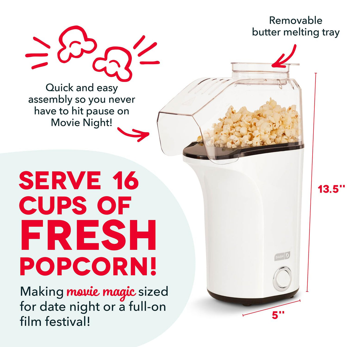 Dash Fresh Pop Popcorn Maker, 16-Cup Hot Air Popper, White