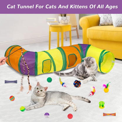 Retro Shaw Cat Toys Set 33 Pack, Cat Play Tunnel for Indoor Cats Kitty, Kitten Toys Include 2 Collapsible Cat Tunnels Tube Tent, Cat Feather Teaser Wand Springs Rainbow Bell Crinkle Ball Mouse Pompom - Available at All In One Marketplace Canada