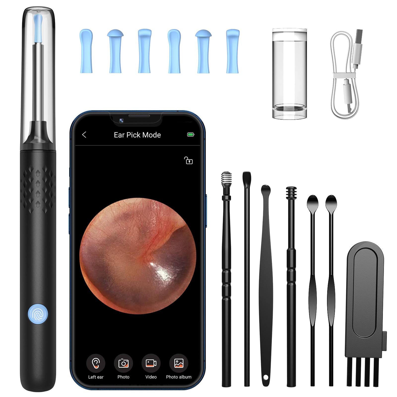 LMECHN Ear Wax Removal, Ear Cleaner with 7 Pcs Ear Set, Ear Wax Removal Tool Camera with 1080P Ear Otoscope & 6 LED Lights, Wireless Ear Pick for Ear Cleaning with 6 Ear Spoons Black