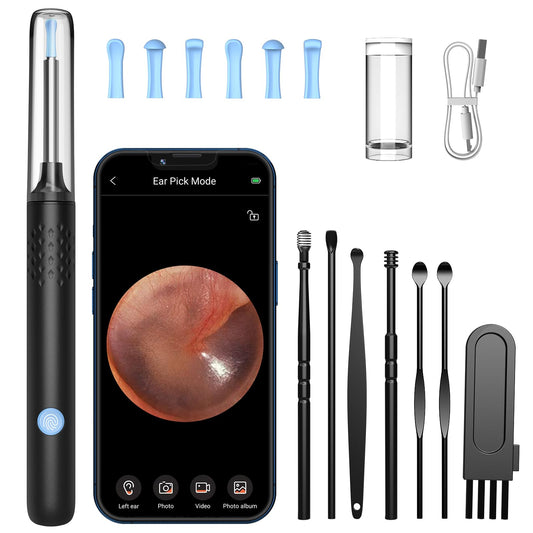 LMECHN Ear Wax Removal, Ear Cleaner with 7 Pcs Ear Set, Ear Wax Removal Tool Camera with 1080P Ear Otoscope & 6 LED Lights, Wireless Ear Pick for Ear Cleaning with 6 Ear Spoons Black