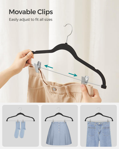 SONGMICS 30-Pack Pants Hangers, 42.5 cm Long Velvet Trousers Hangers with Adjustable Clips, Heavy-Duty, Non-Slip, Space-Saving for Pants, Skirts, Coats, Dresses, Tank Tops, Black UCRF12B30 SONGMICS