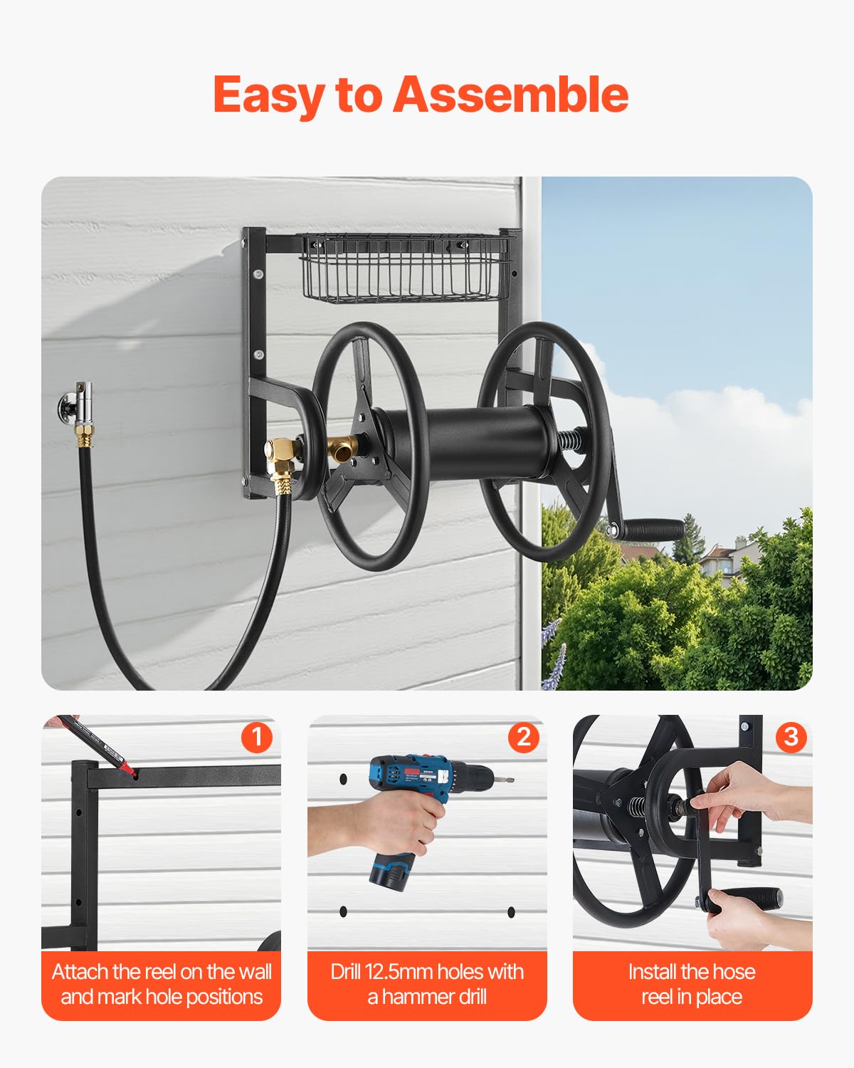 VEVOR Wall Mounted Garden Hose Reel, Holds 125 ft 5/8-inch Hose, Heavy-Duty Water Hose Winder, Space-Saving Design, Outdoor Manual Reel with Brass Fitting and Storage Basket for Yard Lawn VEVOR