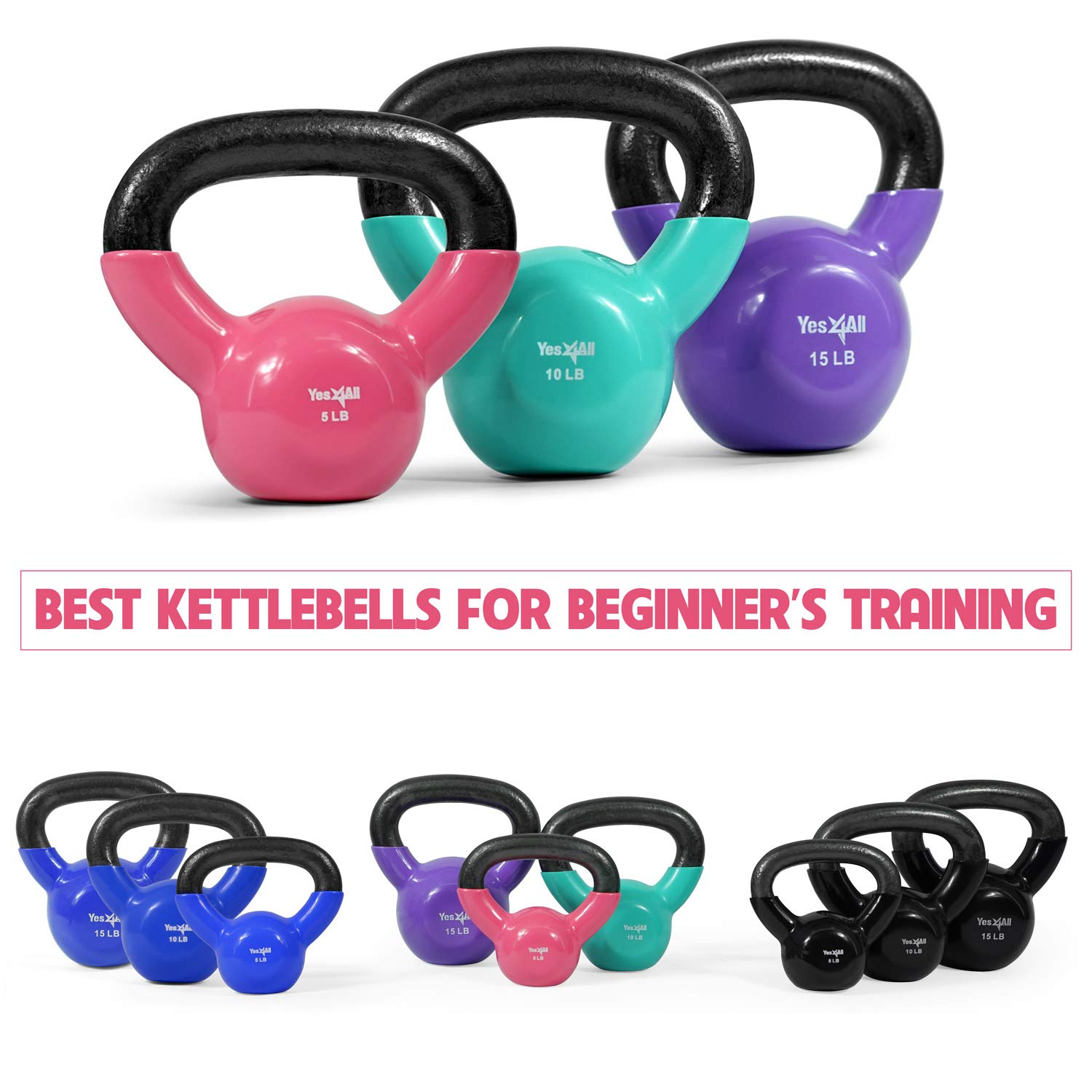 Yes4All Combo Special: Vinyl Coated Kettlebell Weight Sets – Weight Available: (Multicolor - 5, 10, 15 lbs) Yes4all