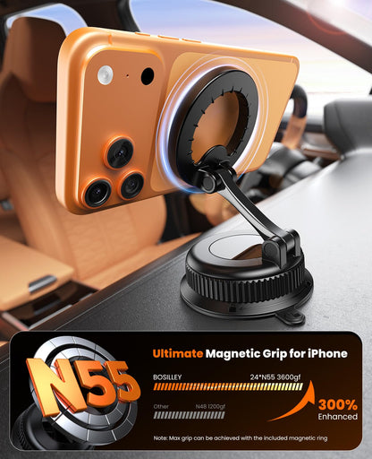 BOSILLEY Magnetic Car Phone Mount for MagSafe, Strong Suction Cup Phone Holder for Car Dashboard & Windshield, 360° Rotatable & Foldable, Adjustable Cell Phone Holder for Car, Fits iPhone 12–17 Series