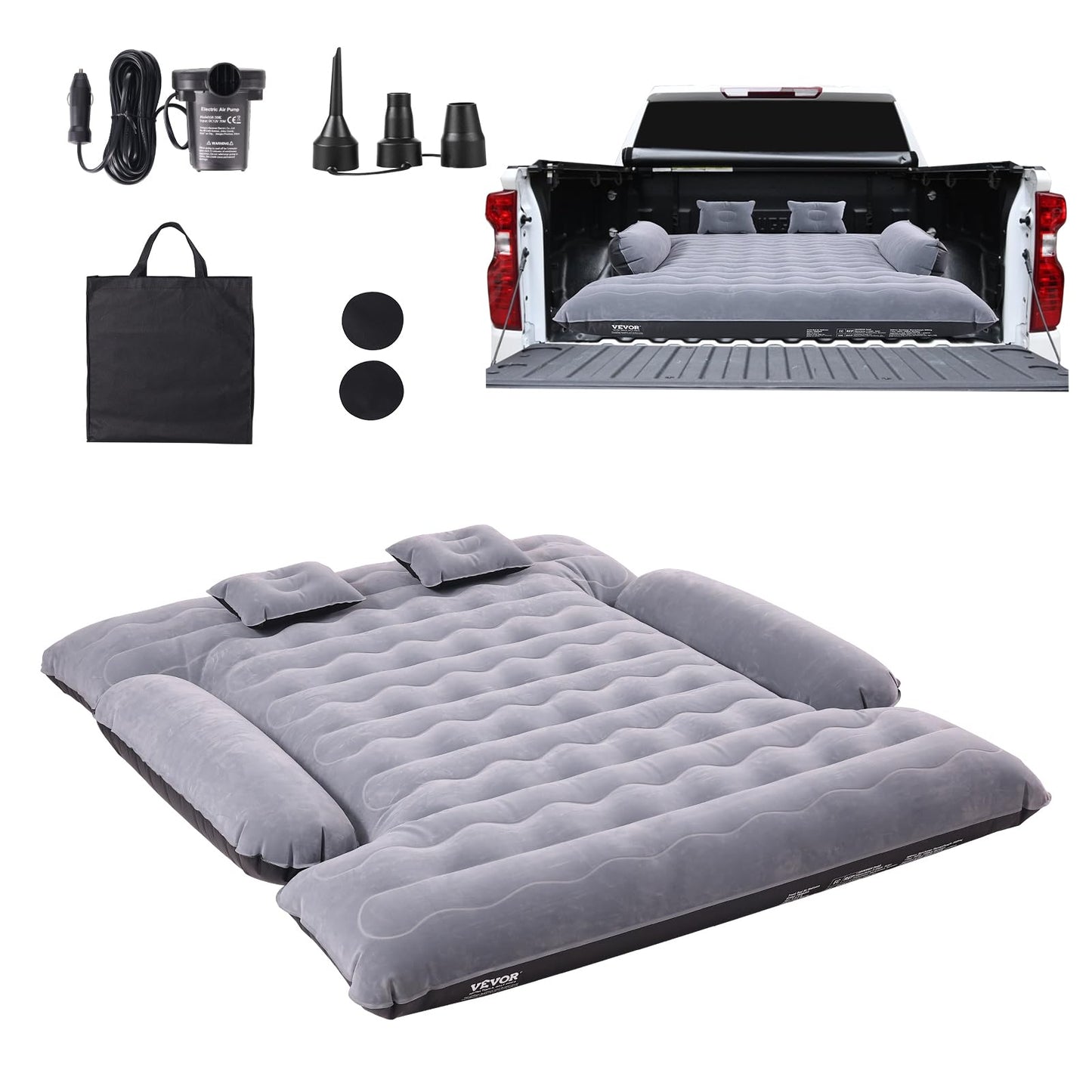 VEVOR Truck Bed Air Mattress, for 6-6.5 ft Full Size Truck Beds, Inflatable Air Mattress Camping Bed with 12V Air Pump 2 Pillows, Carry Bag, for Chevrolet Silverado, Dodge Ram, Ford 150/250/350 VEVOR