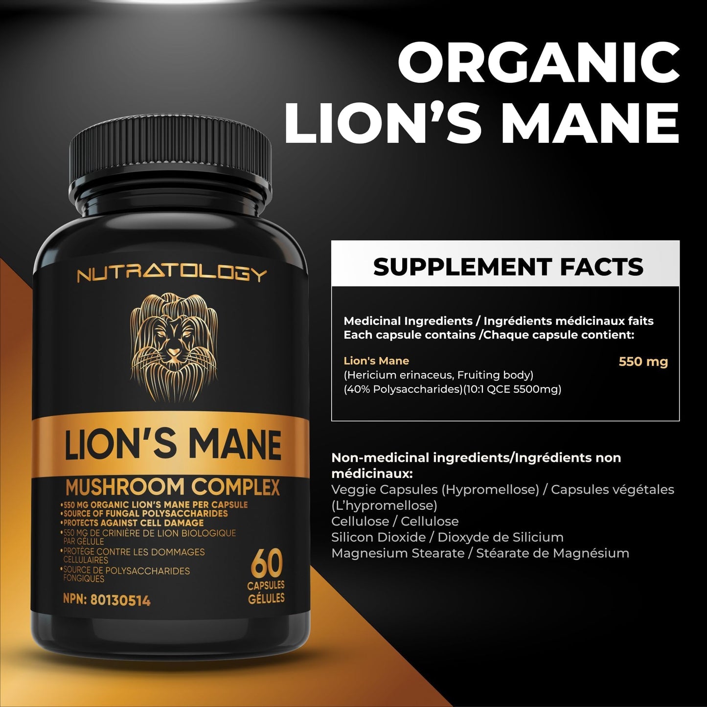 Nutratology® Organic Lion's Mane Mushroom Capasules - Nootropic Functional Mushroom Supplements Made With 40% Polysaccharides & >20% Beta-Glucan | Supports Memory, Cognition & Brain Health - 60 Count - Available at All In One Marketplace Canada