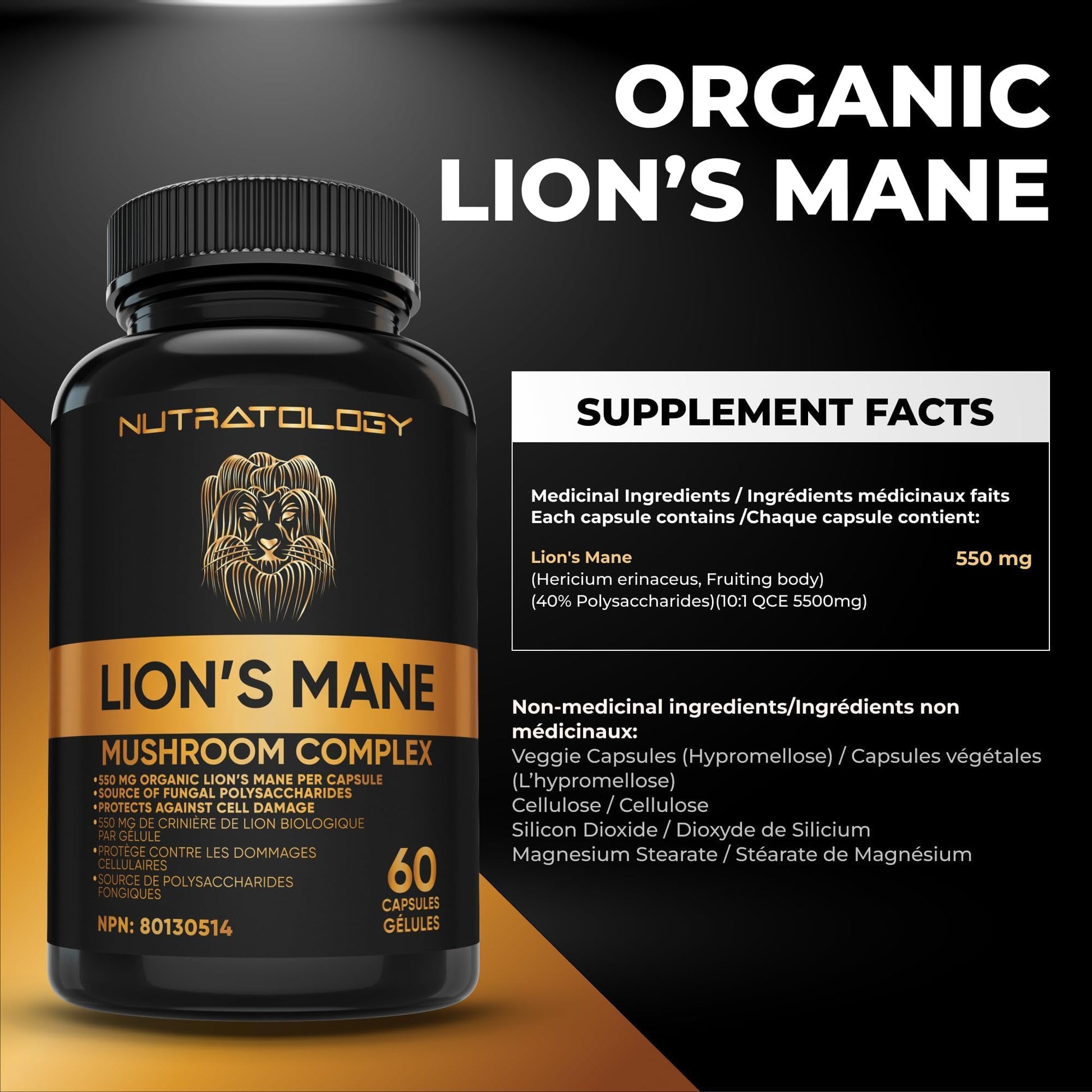 Nutratology® Organic Lion's Mane Mushroom Capasules - Nootropic Functional Mushroom Supplements Made With 40% Polysaccharides & >20% Beta-Glucan | Supports Memory, Cognition & Brain Health - 60 Count - Available at All In One Marketplace Canada
