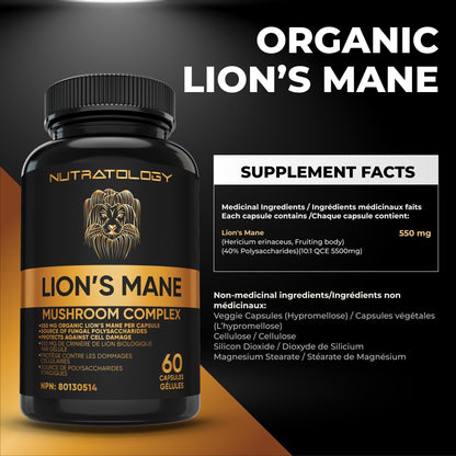 Nutratology® Organic Lion's Mane Mushroom Capasules - Nootropic Functional Mushroom Supplements Made With 40% Polysaccharides & >20% Beta-Glucan | Supports Memory, Cognition & Brain Health - 60 Count - Available at All In One Marketplace Canada