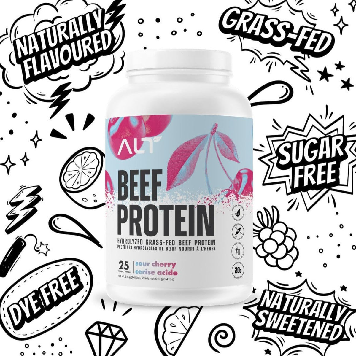 ALT Nutrition Grass-Fed Beef Protein Isolate Powder | 20g Protein from Hydrolyzed Beef Isolate, Dairy Free | Clear Smooth Juice-Like Texture | Naturally Flavoured, 25 Servings (Sour Cherry)